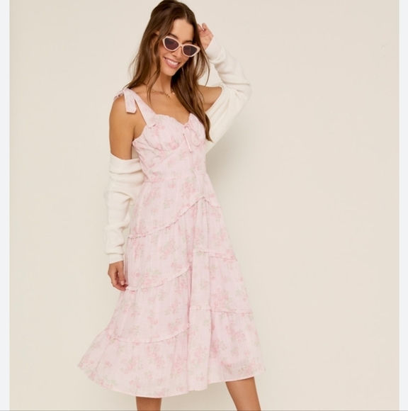 Francesca's Preppy Ellena Tie Strap Ruffle Tiered Midi Milkmaid Dress in Pink M - Picture 3 of 16
